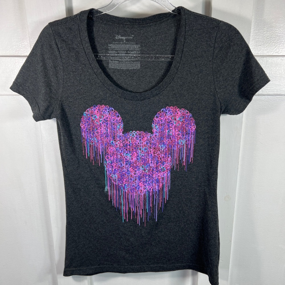 Disney Store Mickey Mouse Drip Graphic T-Shirt Gray Pink Glitter Scoop Neck M
